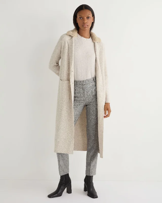 Women's Herringbone Cashmere Coat With Fur Trim Sand Brown