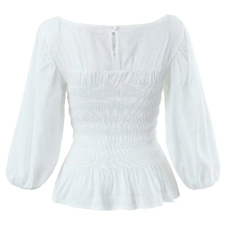 Creative Cutout 3/4 Sleeve Boat Neck Ruffled Smocked Peplum Ramie Top