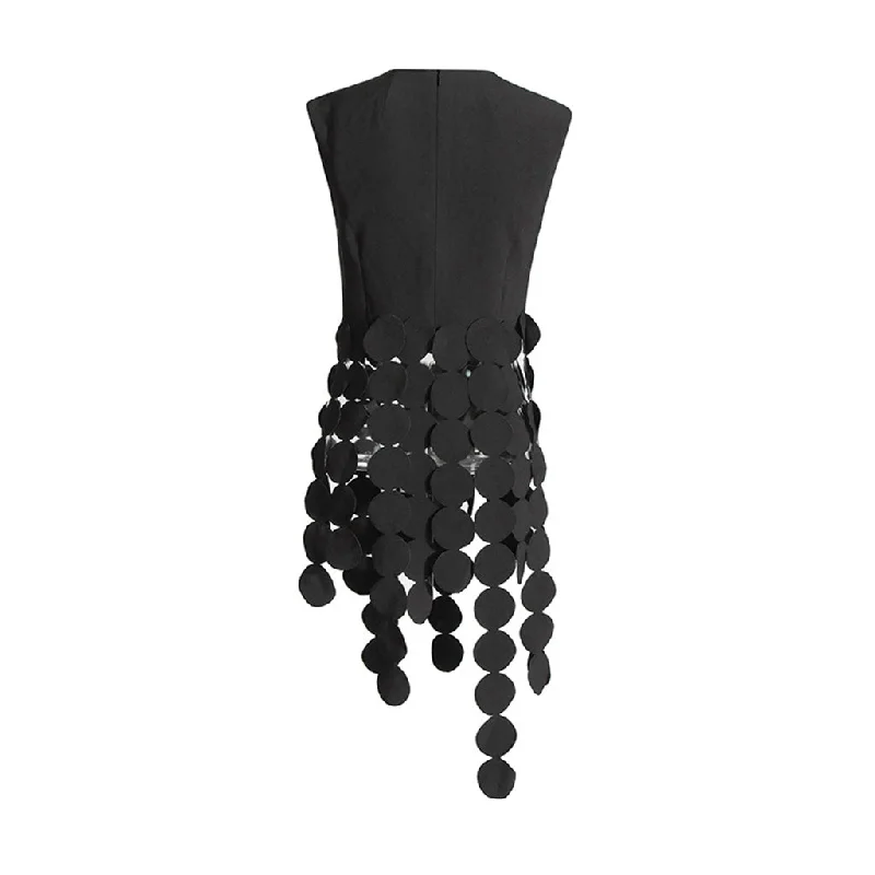 Flowy Circle Fringe Lacer Cutout Crew Neck Fitted Sleeveless Crepe Top