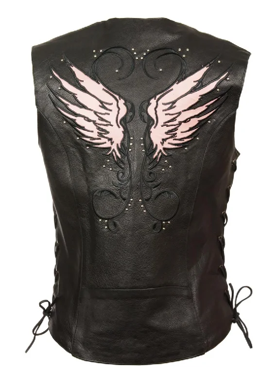 Milwaukee Leather ML1293 Women's Black and Pink ‘Wing Studded’ Leather Vest