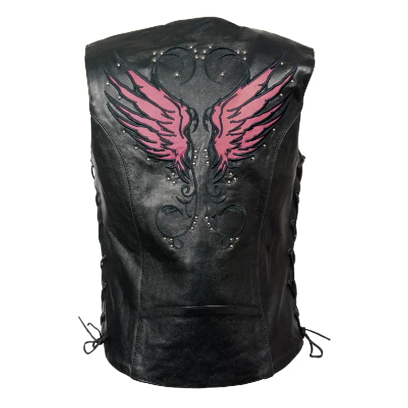 Milwaukee Leather MLL4505 Women's Black Leather Side Lace Motorcycle Rider Vest- Reflective and Studded Pink Wings