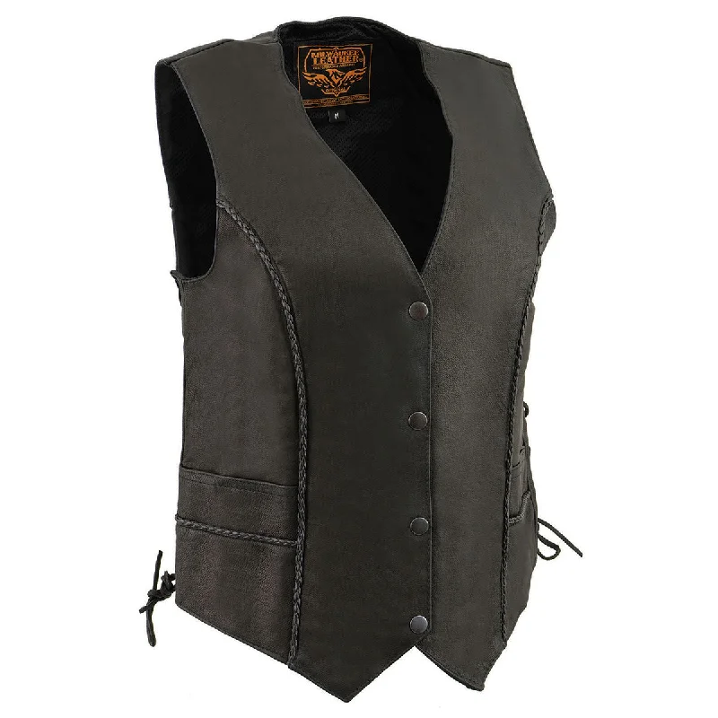 Milwaukee Leather MLL4560 Women's Black Naked Leather Classic Braided Side Lace Deep V-Neck Motorcycle Rider Vest