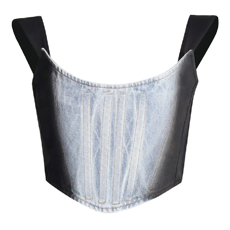 Offbeat Scoop Neck Jersey Hybrid Crop Ombre Denim Corset Top