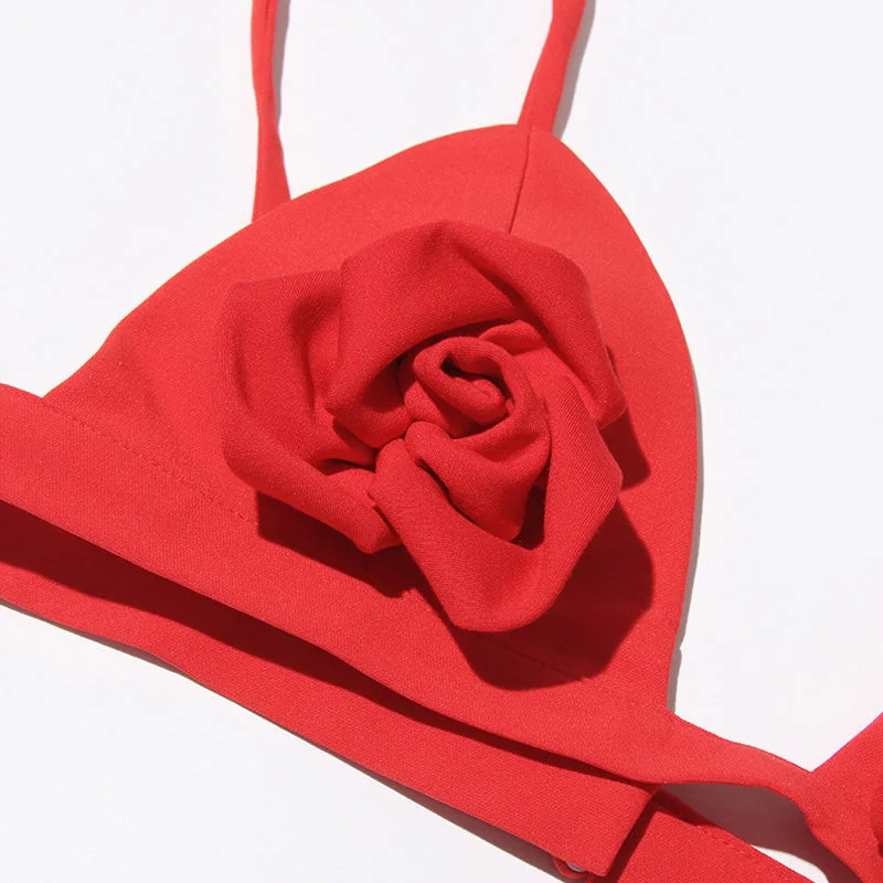 Sexy 3D Rosette Applique Solid Color Spaghetti Strap Triangle Bra Top