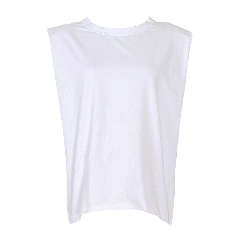 Solid Round Neck Shoulder Padded Tank Top - White