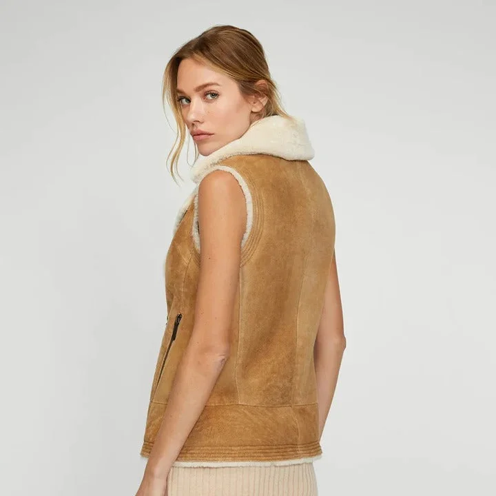 Women Brown Suede Leather Shearling Vest