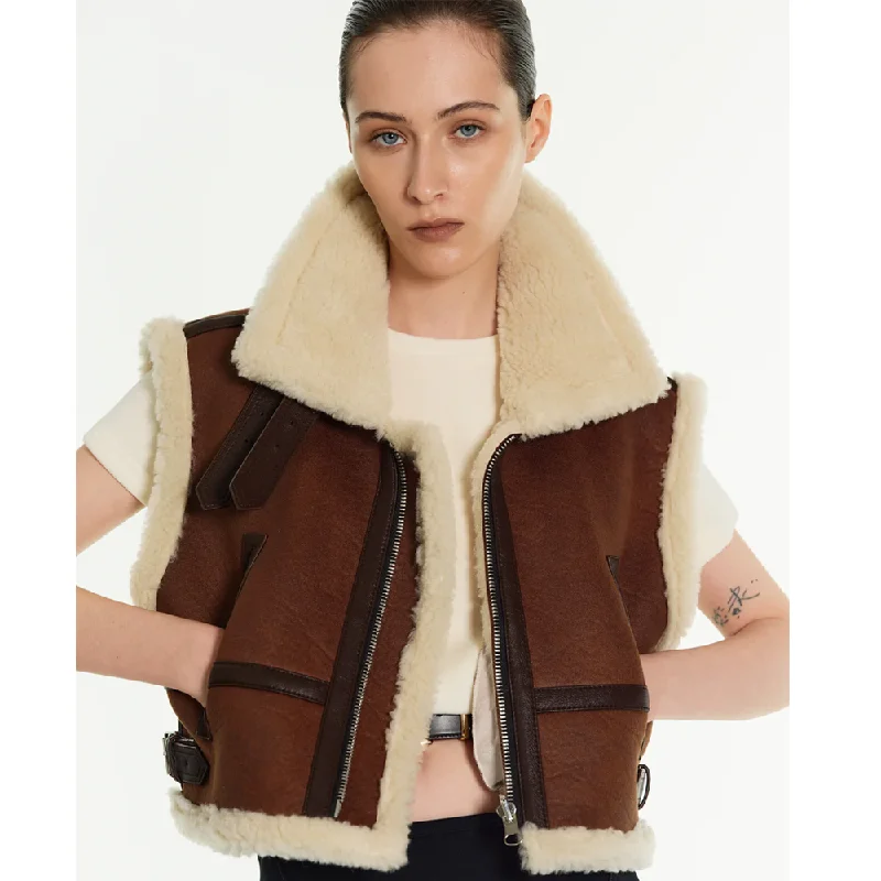 Women Sheepskin Brown Shearling AviatorLeather Vest