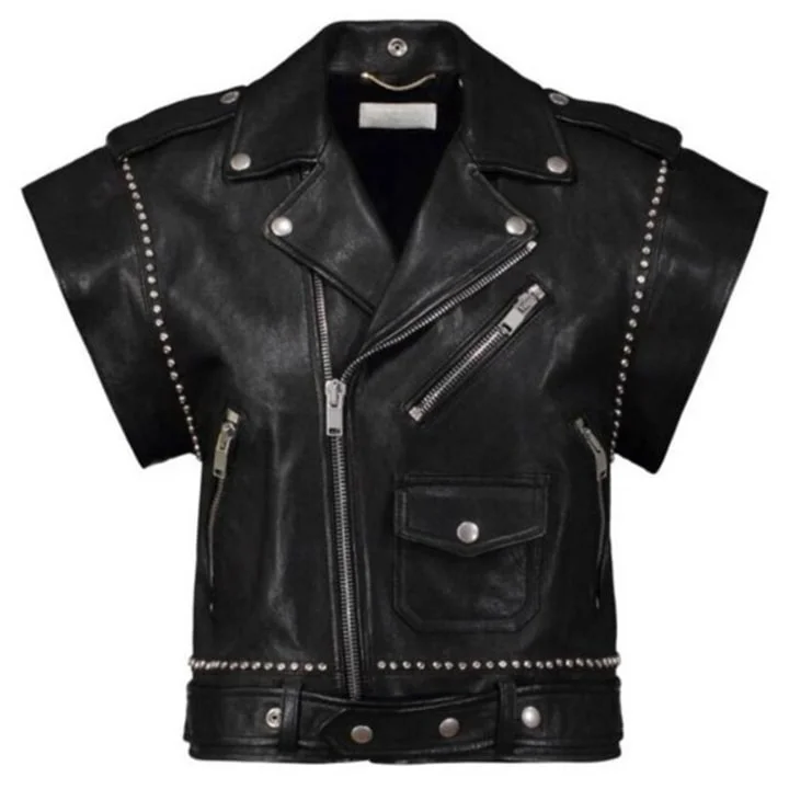 Women's Black Leather Punk Style Biker Vest