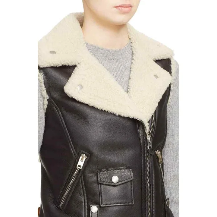 Women's Black Leather Shearling Moto Vest