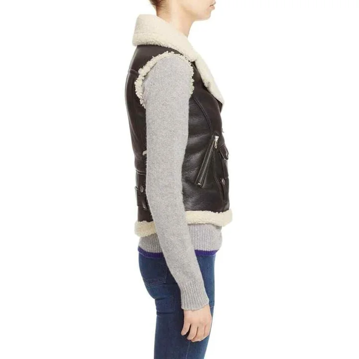 Women's Black Leather Shearling Moto Vest