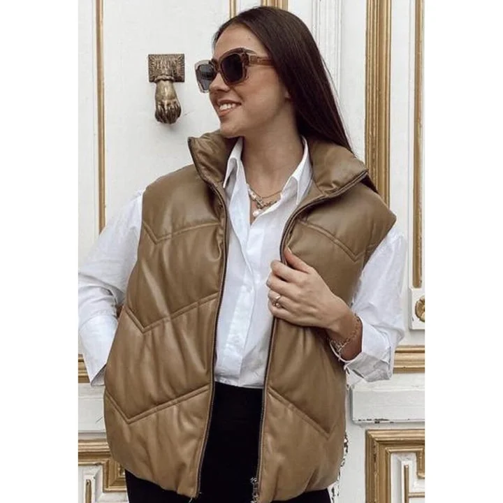 Women's Brown Leather Puffer Vest