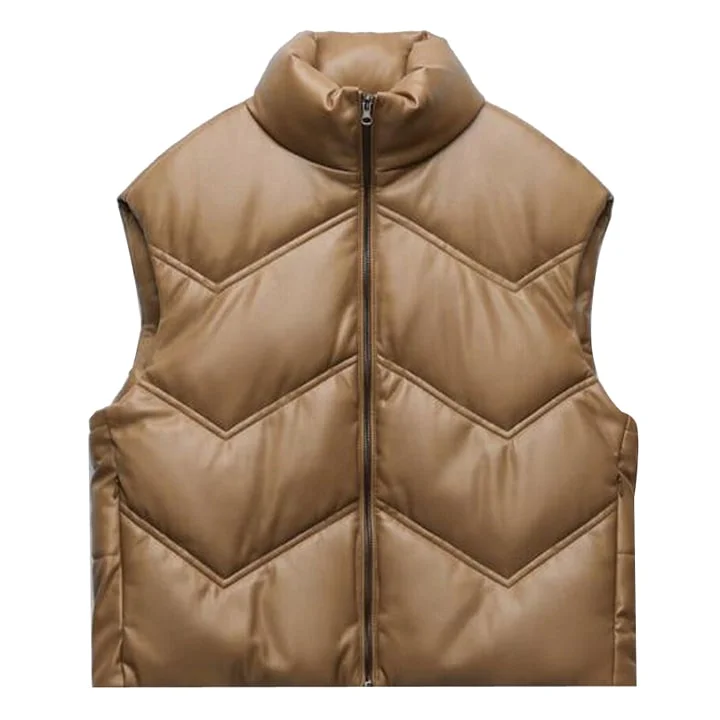 Women's Brown Leather Puffer Vest