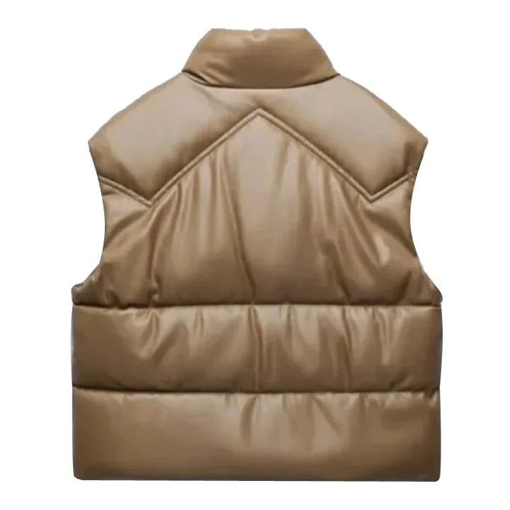 Women's Brown Leather Puffer Vest