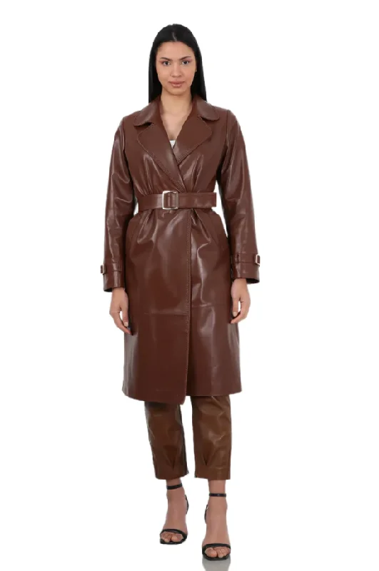 Barya NewYork Ladies Brown Soft Lambskin Double Breasted Belted Trench Coat