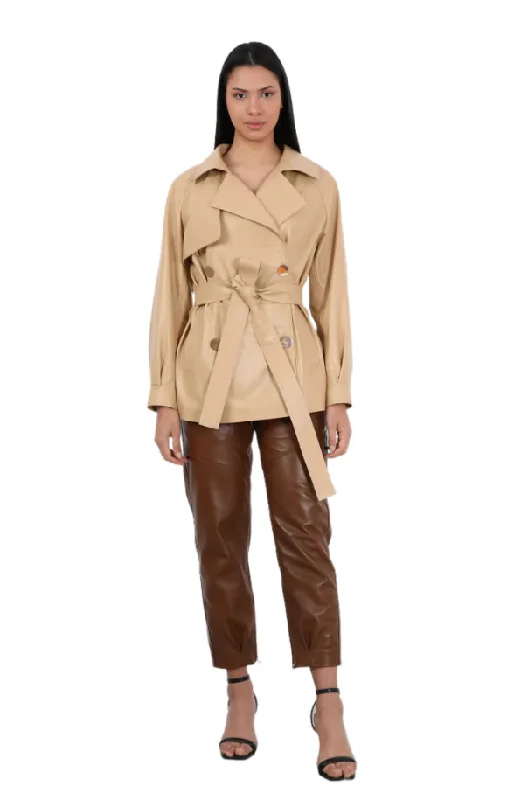 Barya NewYork Ladies Nude Soft Lambskin Double Breasted Belted Short Trench Coat