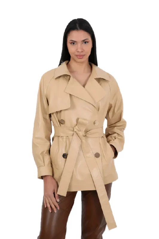 Barya NewYork Ladies Nude Soft Lambskin Double Breasted Belted Short Trench Coat