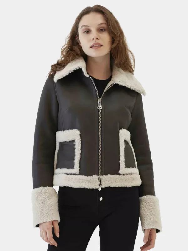 Black Borg Trim Cropped Leather Shearling Fur Collar Jacket