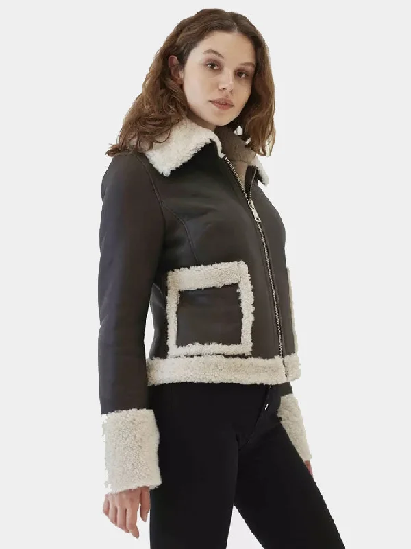 Black Borg Trim Cropped Leather Shearling Fur Collar Jacket