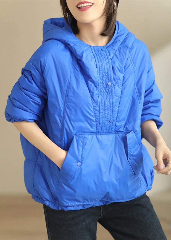 Blue Pockets Patchwork Duck Down Coat Hooded Long Sleeve