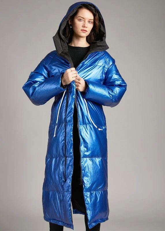 Boho Blue hooded Pockets long Winter Duck Down down coat