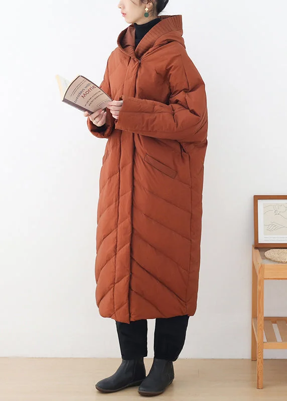 Casual Caramel Zippered Button Pockets Hooded Down Coat Long Sleeve