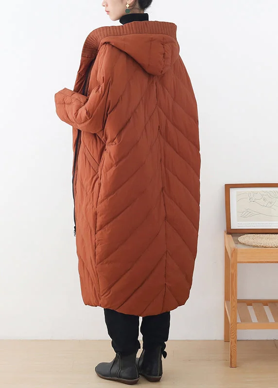 Casual Caramel Zippered Button Pockets Hooded Down Coat Long Sleeve