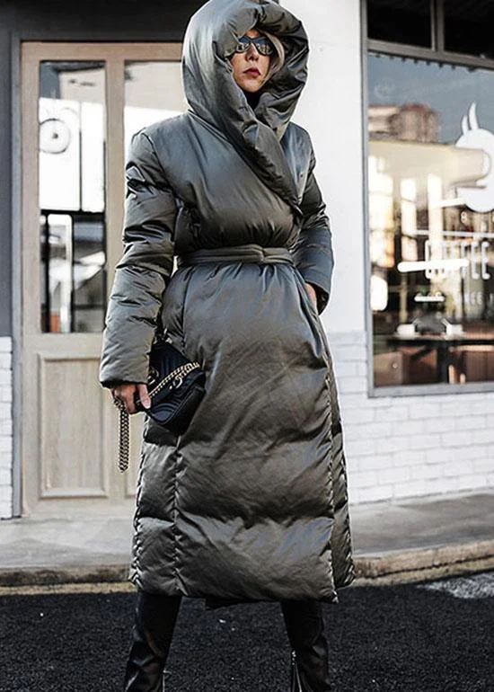 Casual Green Loose Thick tie waist Winter Duck Down down coat