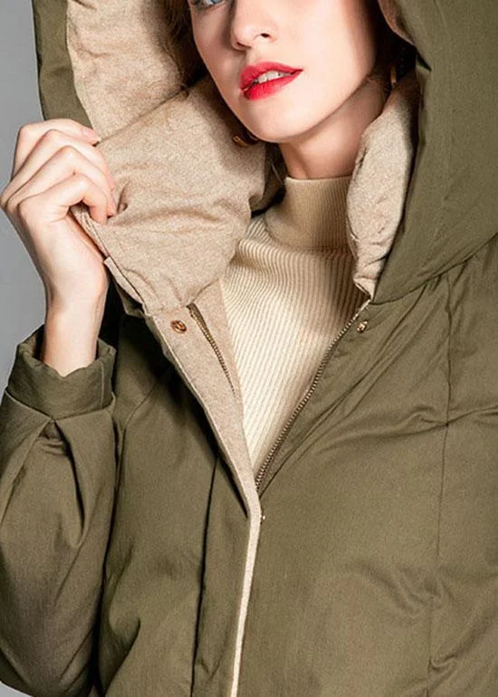 Chic Army Green Pockets Warm Wear on both sides Winter Duck Down Down Coat