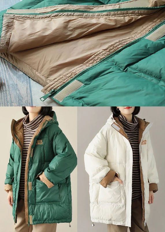 Chic White hooded Pockets Casual Winter Down Coat