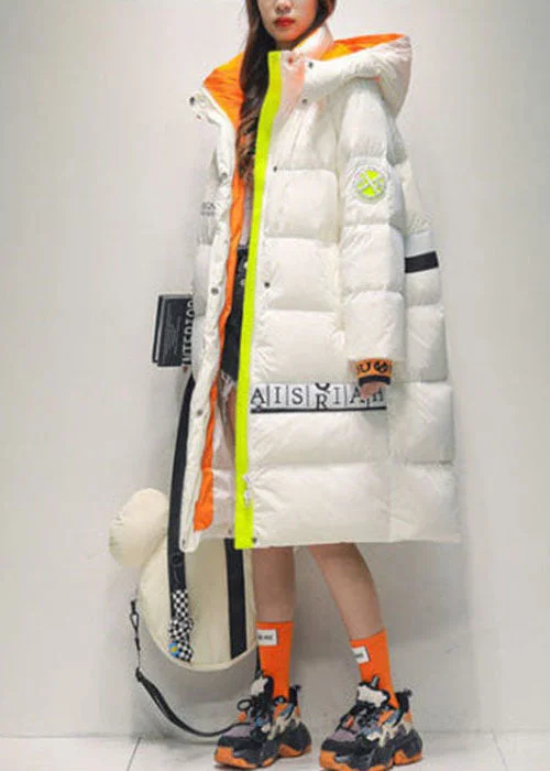 Diy White Hooded Letter Print Warm Duck Down Down Coat Winter