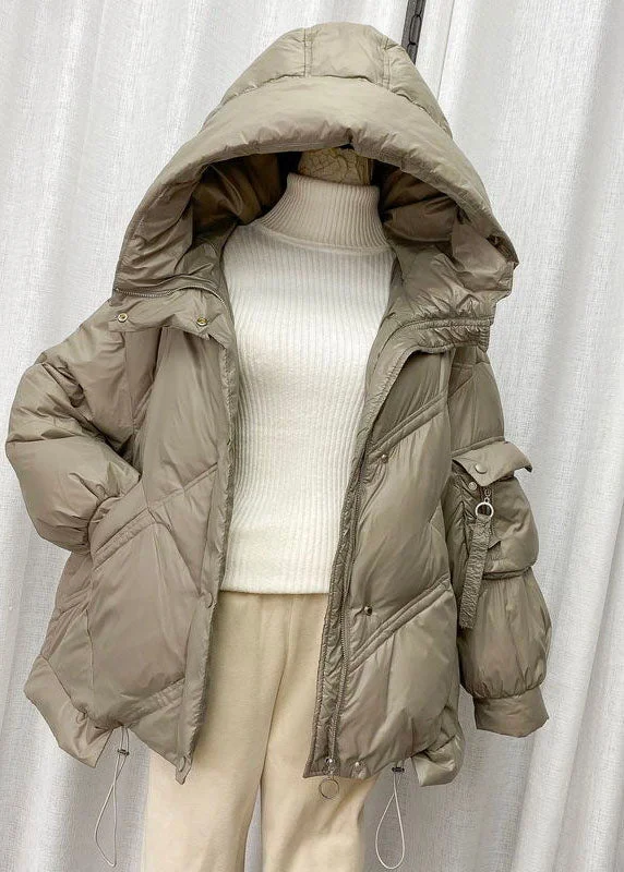 Elegant Beige Hooded drawstring Duck Down Down Jacket Winter