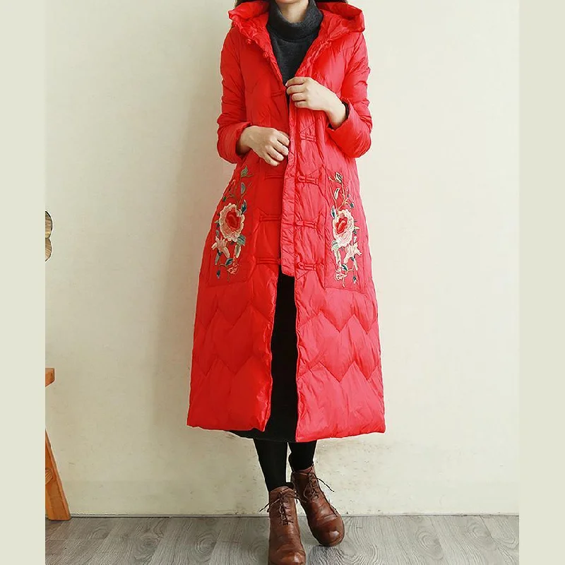 Elegant casual down jacket coats red embroidery Chinese Button hooded duck down coat