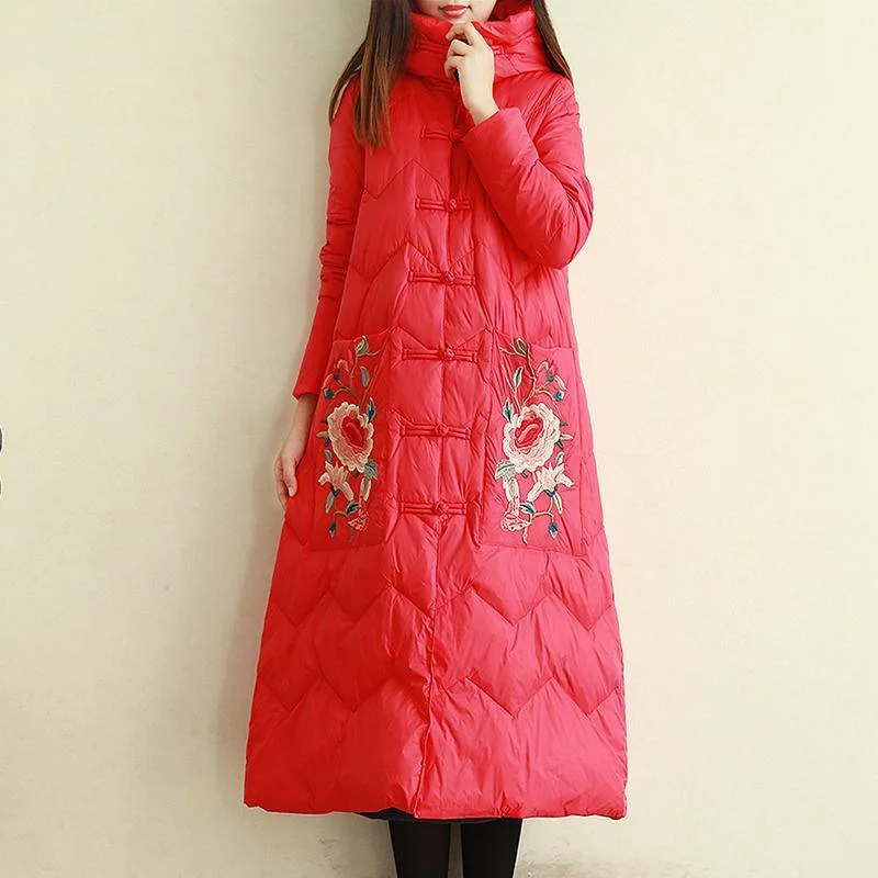 Elegant casual down jacket coats red embroidery Chinese Button hooded duck down coat