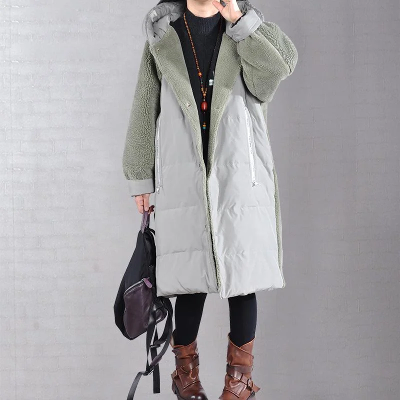 Elegant green coats Loose fitting down jacket winter hooded winter coats