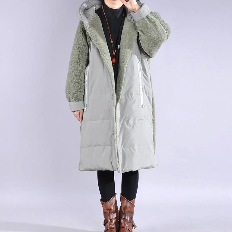 Elegant green coats Loose fitting down jacket winter hooded winter coats