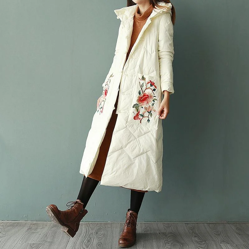 Fine white embroidery duck down coat trendy plus size snow jackets winter outwear Chinese Button hooded