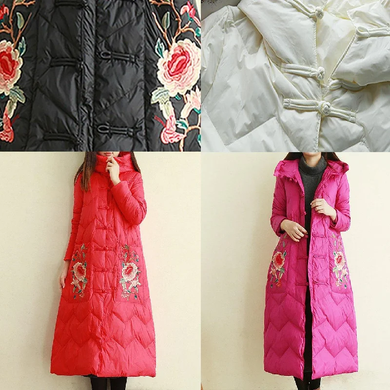 Fine white embroidery duck down coat trendy plus size snow jackets winter outwear Chinese Button hooded