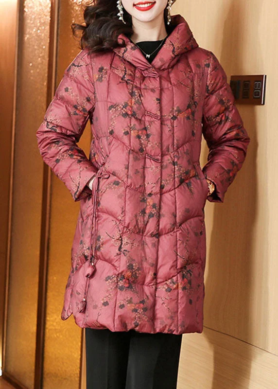 French Red Print Fine Cotton Filled Hooded Down Coats Winter