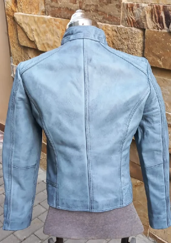 Ice Blue Vintage Leather Jacket For Women Genuine Leather