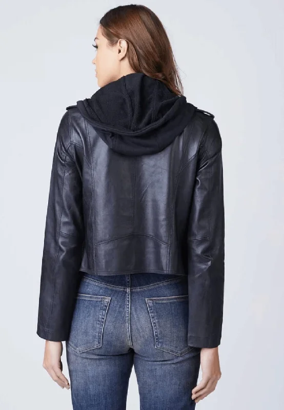 Women's Black Leather Jacket Removable Hood