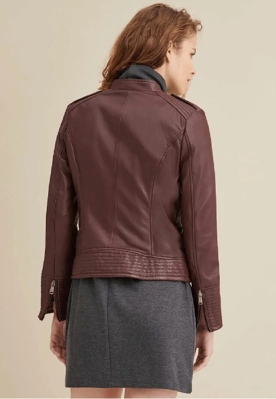 Women’s Maroon Leather Biker Jacket