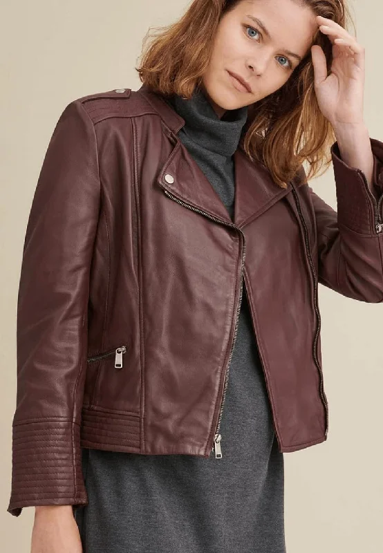 Women’s Maroon Leather Biker Jacket