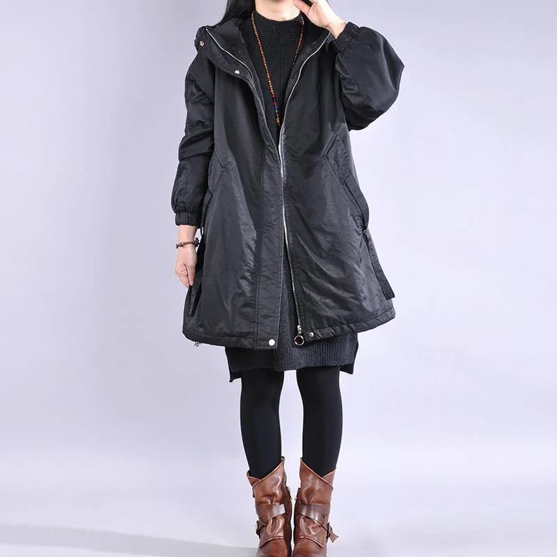 loose black winter down jacket zippered drawstring coats