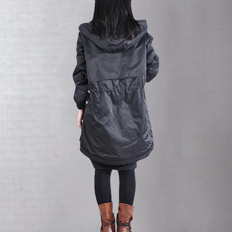 loose black winter down jacket zippered drawstring coats