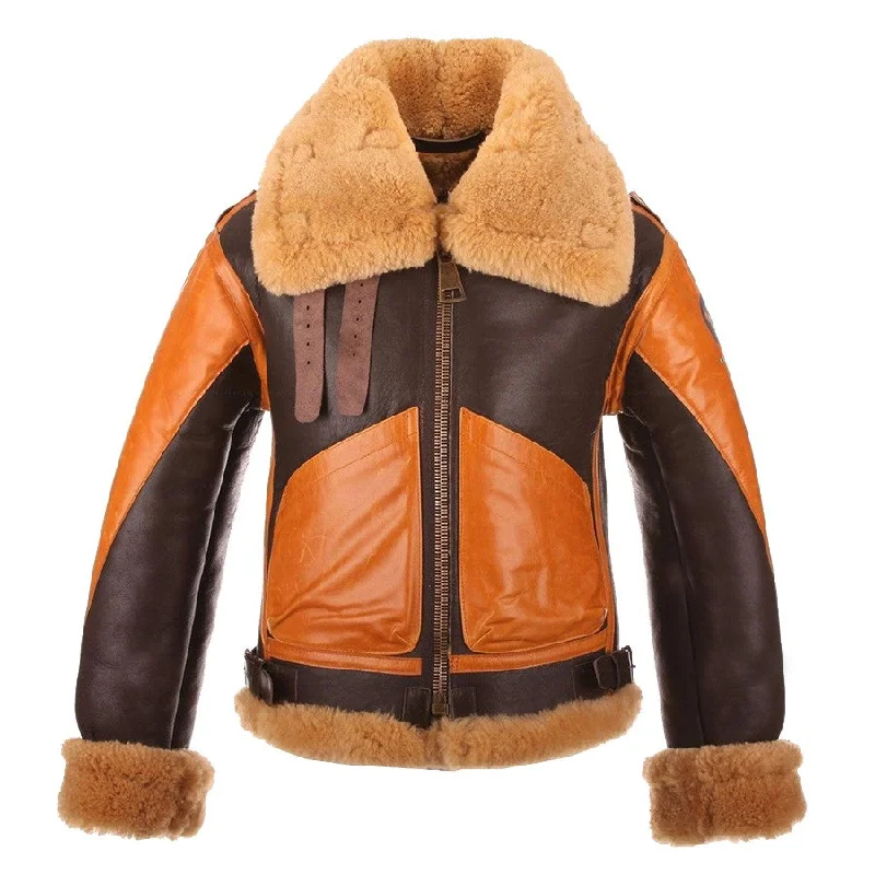 Men's Brown/Orange B-3 Shearling Sheepskin Leather Jacket