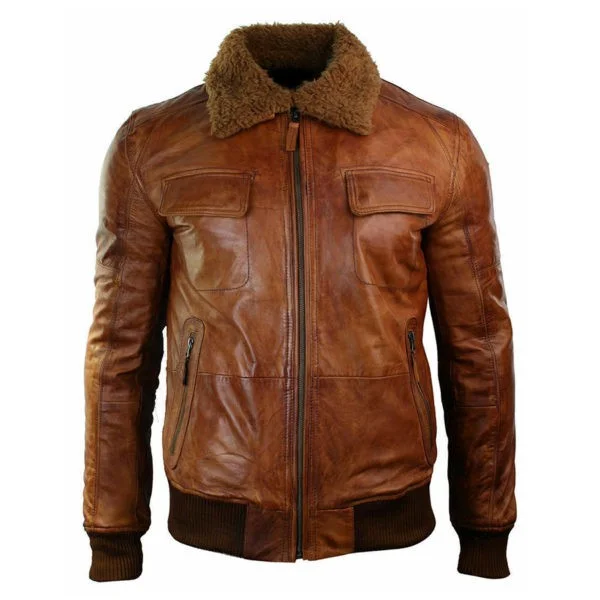 Men's Distressed Brown B-3 Shearling Fur Collar Leather Jacket