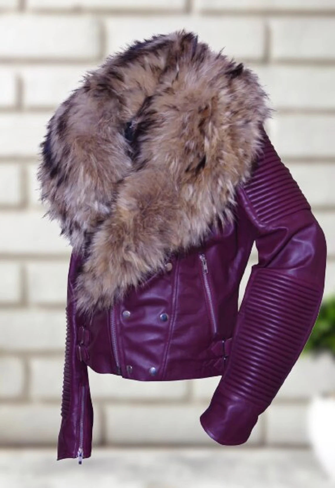 Heavy Fur Collared Leather Jacket For Women Detachable Fur