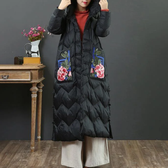 New black goose Down coat Loose fitting embroidery pockets womens parka hooded Luxury winter outwear