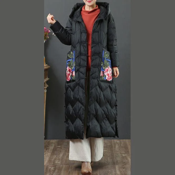 New black goose Down coat Loose fitting embroidery pockets womens parka hooded Luxury winter outwear