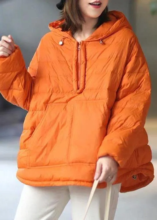 Orange Hooded Zippered Pockets Winter Duck Down Long Sleeve Down Jacket